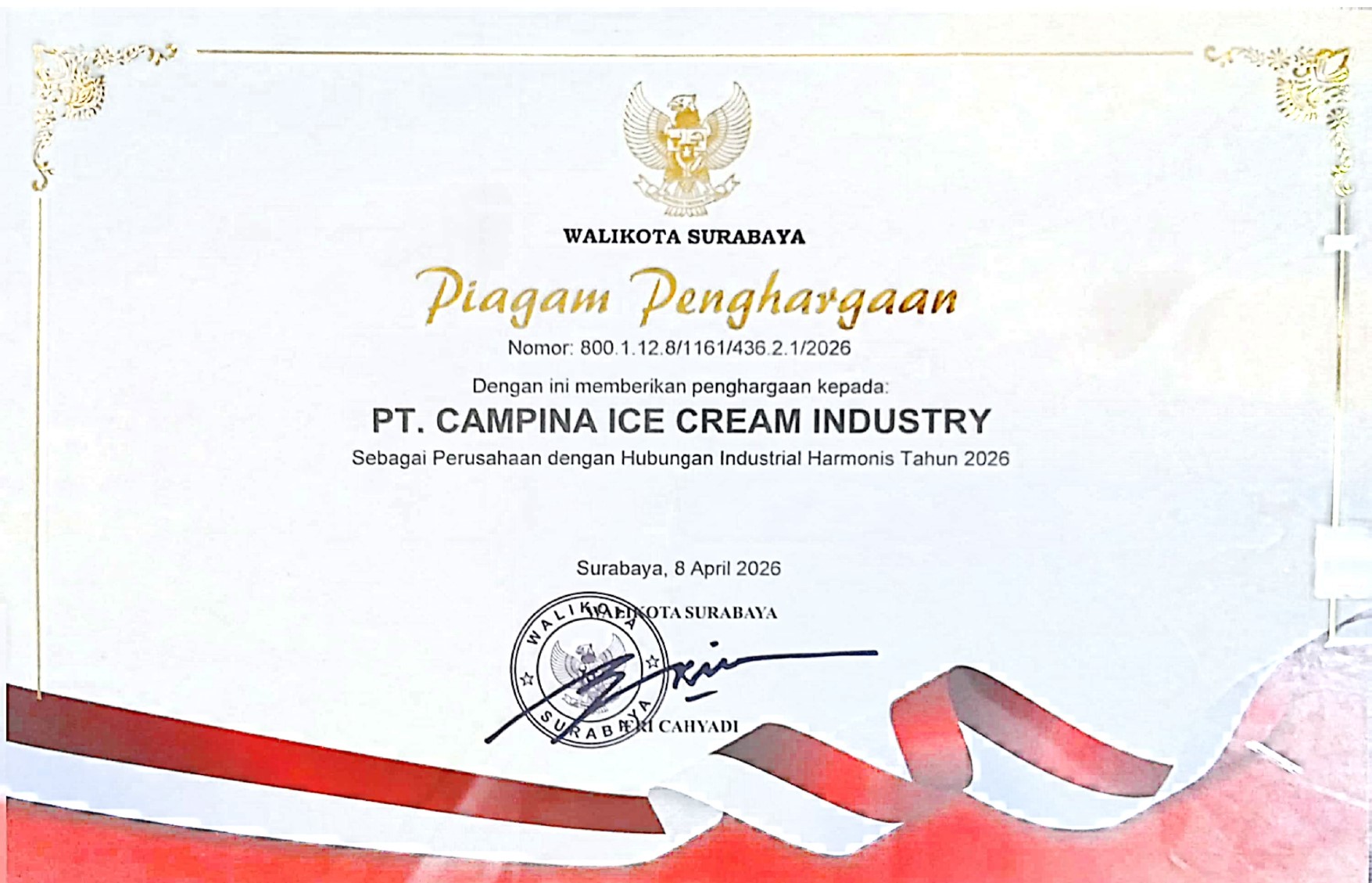 Piagam Penghargaan Walikota Surabaya 2026